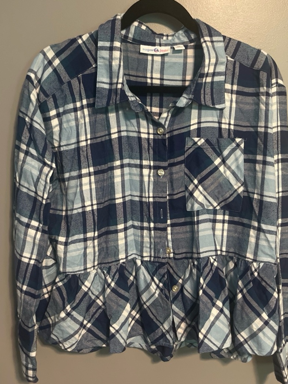 Womens Blue Plaid Ruffle Hem Shirt